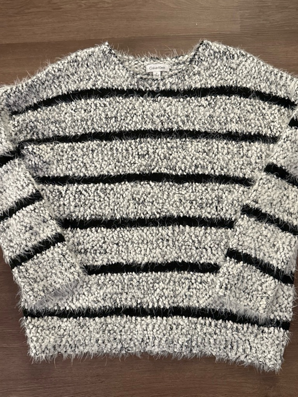 Calvin Klein Black and White Fuzzy Stripe Crewneck Sweater - Picture 1 of 5